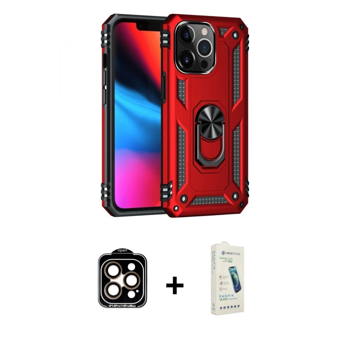 MARSİLYAN™- iPhone 14 Pro Max Kılıf Ahenk Klasik Koleksiyonu - Şeffaf Pasifik Cam Ekran Koruyucu + PVD Metal Kamera Lens - TU
