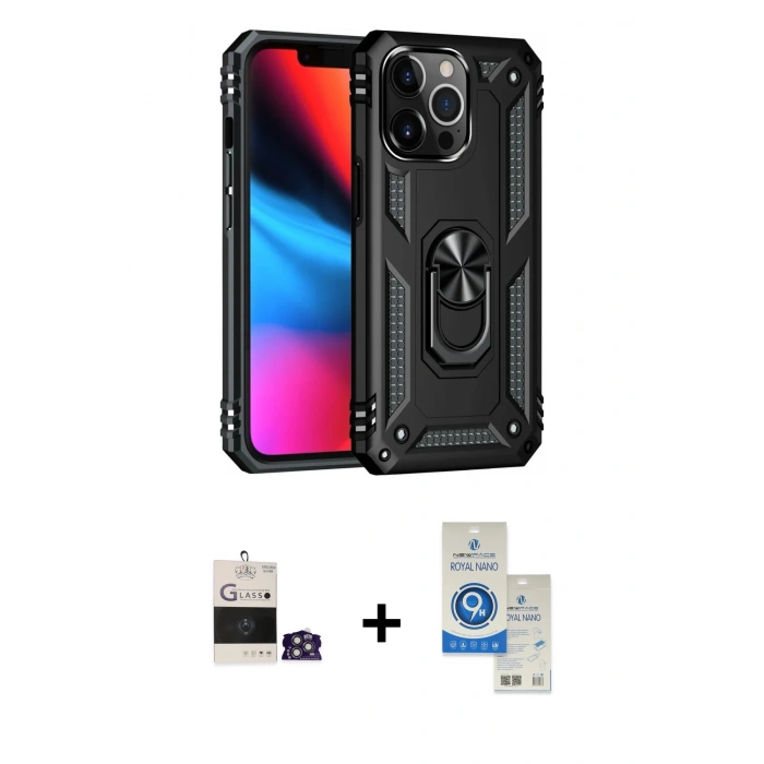 MARSİLYAN™- iPhone 14 Pro Max Kılıf Ahenk Klasik Koleksiyonu - Şeffaf Royal Nano Ekran Koruyucu + Bilvis Titan Kamera Lens - GS