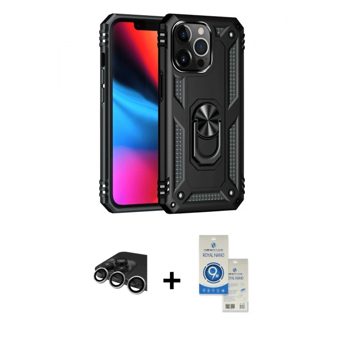 MARSİLYAN™- iPhone 14 Pro Max Kılıf Ahenk Klasik Koleksiyonu - Şeffaf Royal Nano Ekran Koruyucu + Raze Metal Kamera Lens - GS