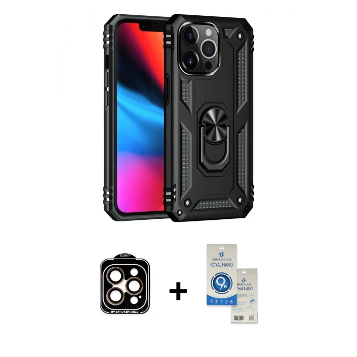 MARSİLYAN™- iPhone 14 Pro Max Kılıf Ahenk Klasik Koleksiyonu - Şeffaf Royal Nano Ekran Koruyucu + PVD Metal Kamera Lens - TU