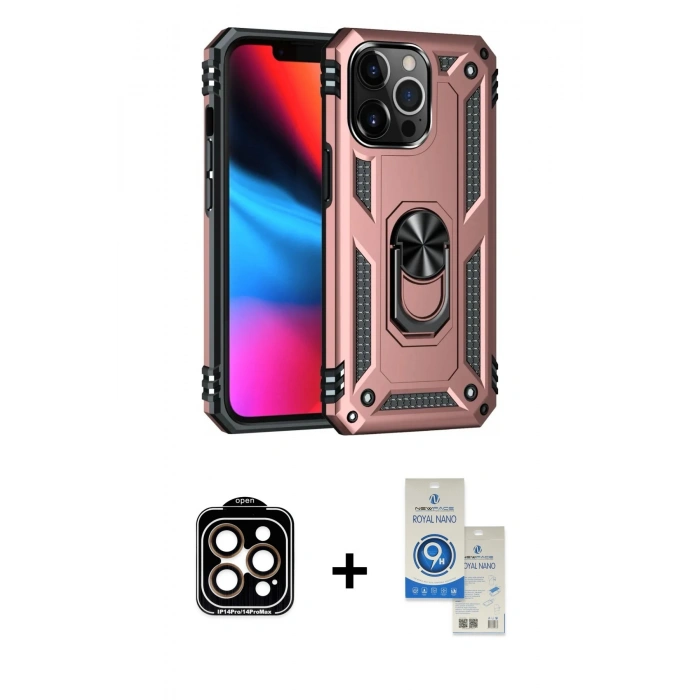 MARSİLYAN™- iPhone 14 Pro Max Kılıf Ahenk Klasik Koleksiyonu - Şeffaf Royal Nano Ekran Koruyucu + PVD Metal Kamera Lens - TU