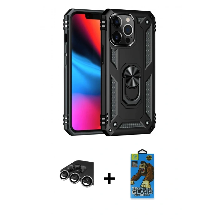 MARSİLYAN™- iPhone 14 Pro Max Kılıf Ahenk Klasik Koleksiyonu - Siyah 18D Cam Ekran Koruyucu + Raze Metal Kamera Lens - GS