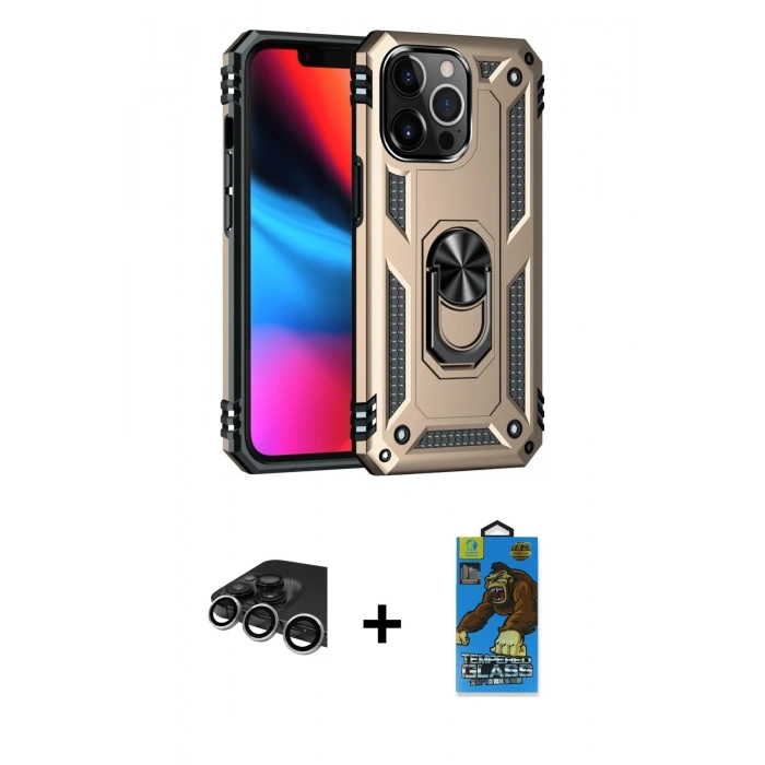 MARSİLYAN™- iPhone 14 Pro Max Kılıf Ahenk Klasik Koleksiyonu - Siyah 18D Cam Ekran Koruyucu + Raze Metal Kamera Lens - GS