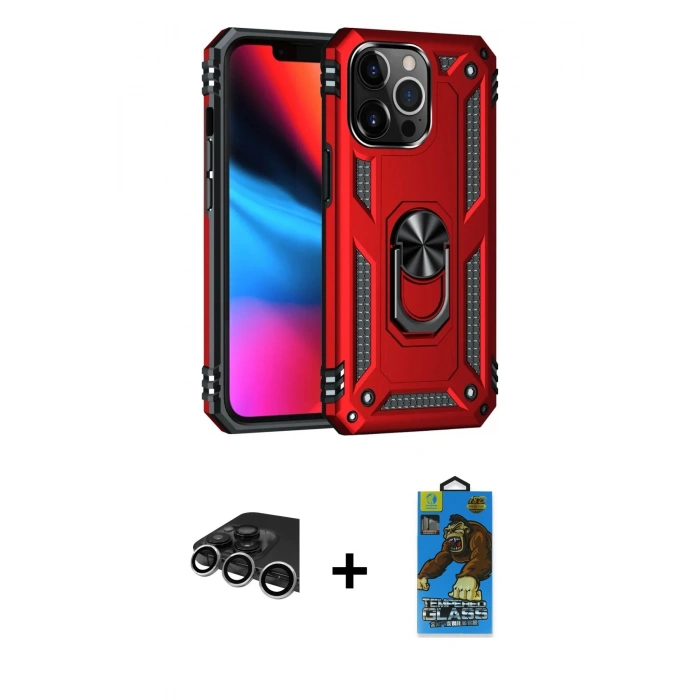 MARSİLYAN™- iPhone 14 Pro Max Kılıf Ahenk Klasik Koleksiyonu - Siyah 18D Cam Ekran Koruyucu + Raze Metal Kamera Lens - GS