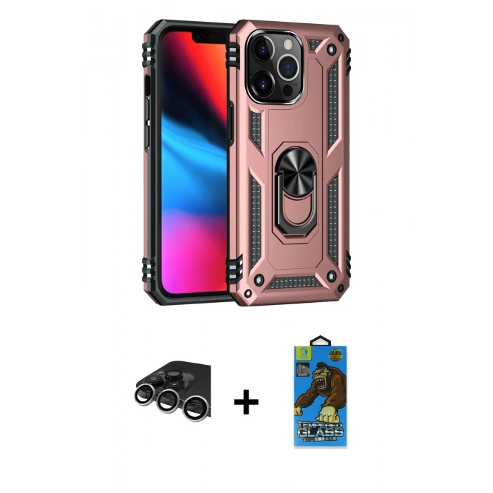MARSİLYAN™- iPhone 14 Pro Max Kılıf Ahenk Klasik Koleksiyonu - Siyah 18D Cam Ekran Koruyucu + Raze Metal Kamera Lens - GS