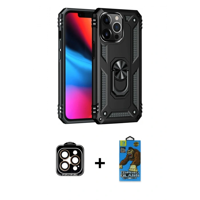 MARSİLYAN™- iPhone 14 Pro Max Kılıf Ahenk Klasik Koleksiyonu - Siyah 18D Cam Ekran Koruyucu + Turuncu PVD Metal Kamera Lens