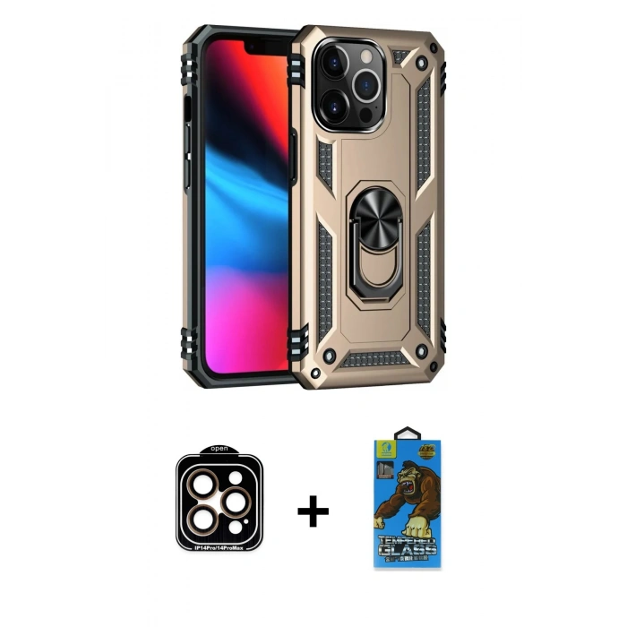 MARSİLYAN™- iPhone 14 Pro Max Kılıf Ahenk Klasik Koleksiyonu - Siyah 18D Cam Ekran Koruyucu + Turuncu PVD Metal Kamera Lens