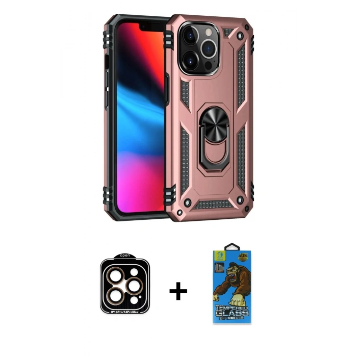 MARSİLYAN™- iPhone 14 Pro Max Kılıf Ahenk Klasik Koleksiyonu - Siyah 18D Cam Ekran Koruyucu + Turuncu PVD Metal Kamera Lens