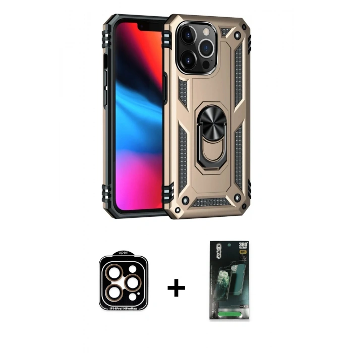 MARSİLYAN™- iPhone 14 Pro Max Kılıf Ahenk Klasik Koleksiyonu - Siyah 360 Mat Full Body Arka Koruyucu + PVD Metal Kamera Lens - TU