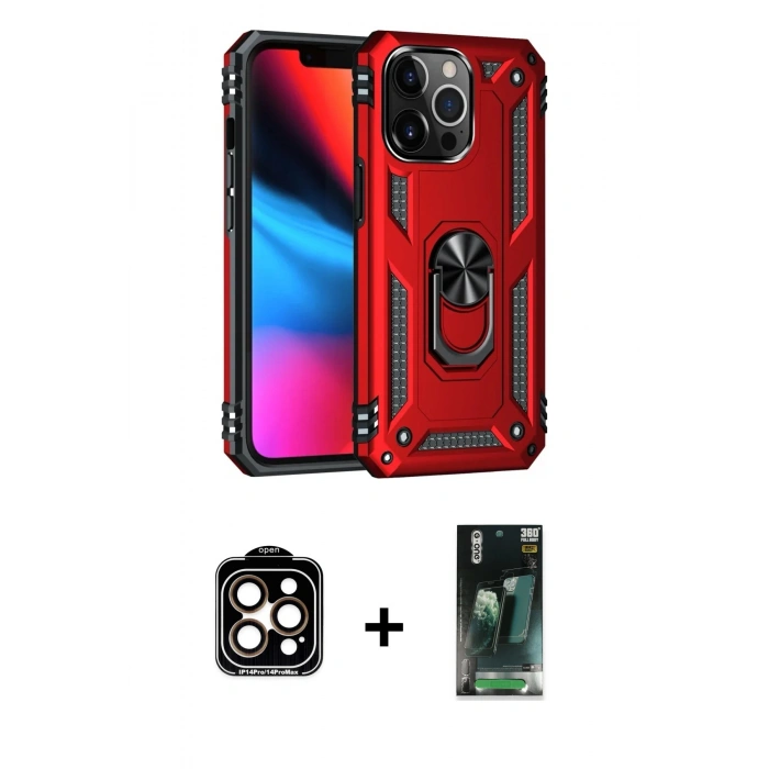 MARSİLYAN™- iPhone 14 Pro Max Kılıf Ahenk Klasik Koleksiyonu - Siyah 360 Mat Full Body Arka Koruyucu + PVD Metal Kamera Lens - TU