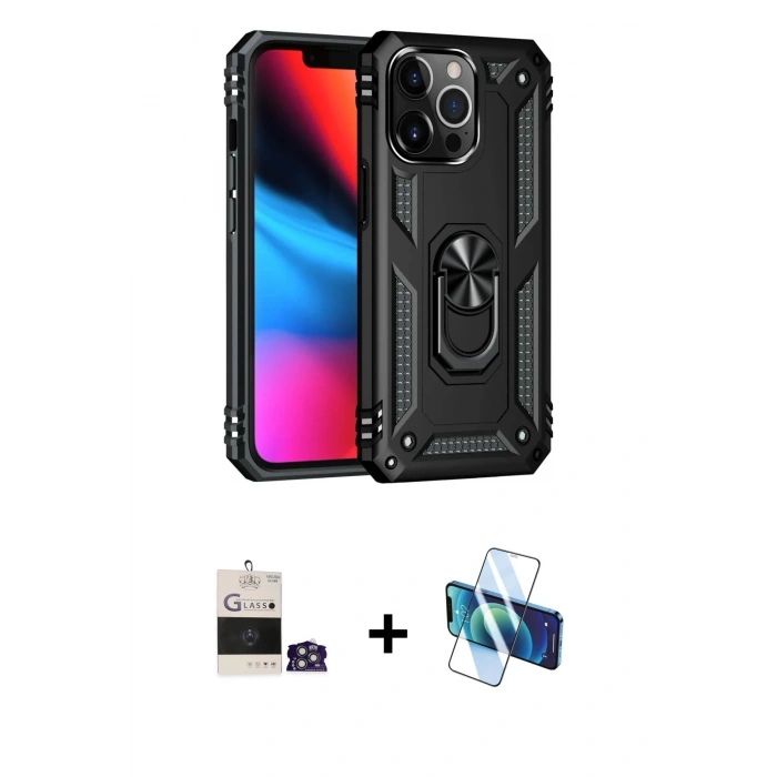MARSİLYAN™- iPhone 14 Pro Max Kılıf Ahenk Klasik Koleksiyonu - Siyah 3D Antistatik Cam Ekran Koruyucu + Bilvis Titan Kamera Lens - GS