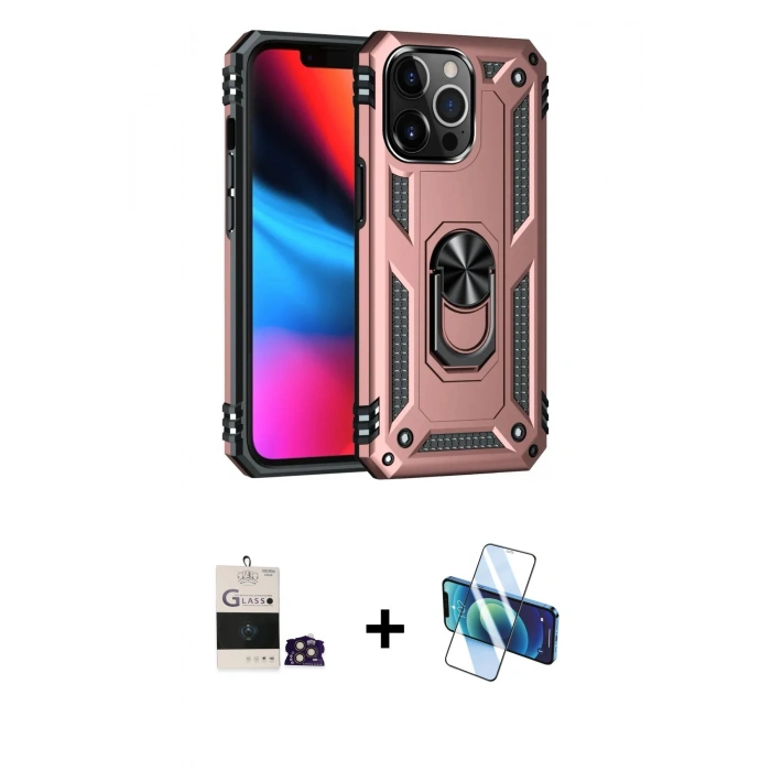 MARSİLYAN™- iPhone 14 Pro Max Kılıf Ahenk Klasik Koleksiyonu - Siyah 3D Antistatik Cam Ekran Koruyucu + Gold Bilvis Titan Kamera Lens