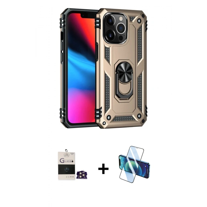 MARSİLYAN™- iPhone 14 Pro Max Kılıf Ahenk Klasik Koleksiyonu - Siyah 3D Antistatik Cam Ekran Koruyucu + Gold Bilvis Titan Kamera Lens