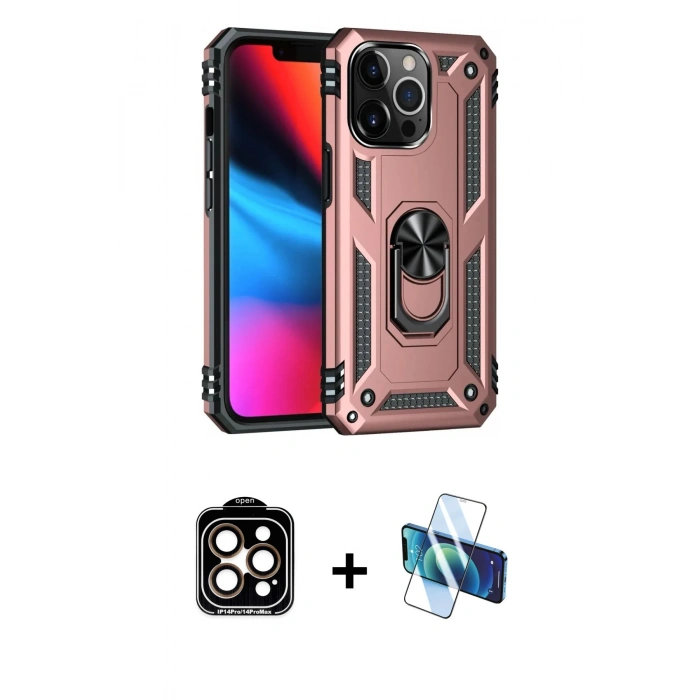 MARSİLYAN™- iPhone 14 Pro Max Kılıf Ahenk Klasik Koleksiyonu - Siyah 3D Antistatik Cam Ekran Koruyucu + PVD Metal Kamera Lens - TU