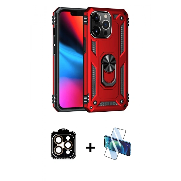 MARSİLYAN™- iPhone 14 Pro Max Kılıf Ahenk Klasik Koleksiyonu - Siyah 3D Antistatik Cam Ekran Koruyucu + PVD Metal Kamera Lens - TU