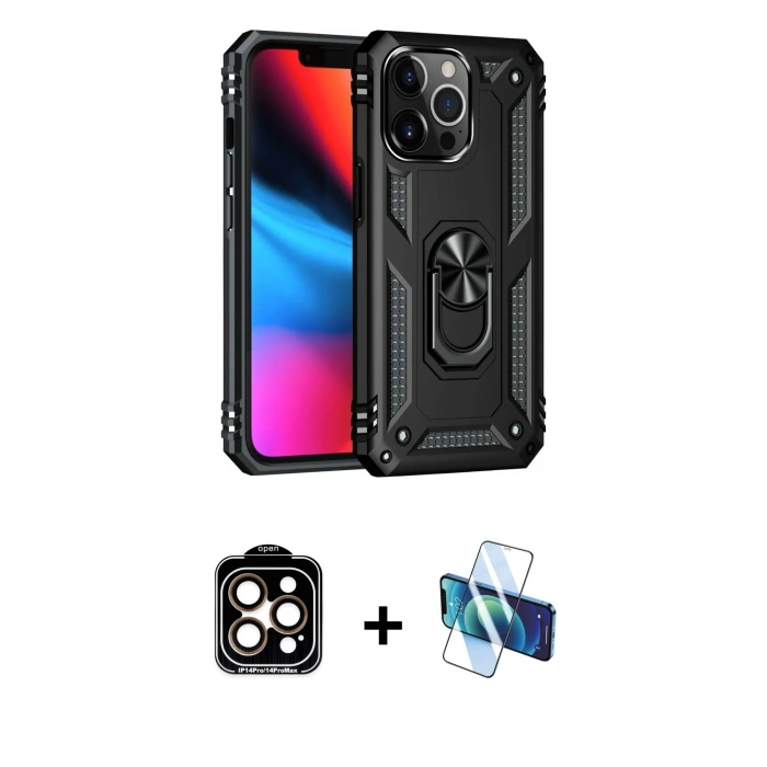 MARSİLYAN™- iPhone 14 Pro Max Kılıf Ahenk Klasik Koleksiyonu - Siyah 3D Antistatik Cam Ekran Koruyucu + Turuncu PVD Metal Kamera Lens