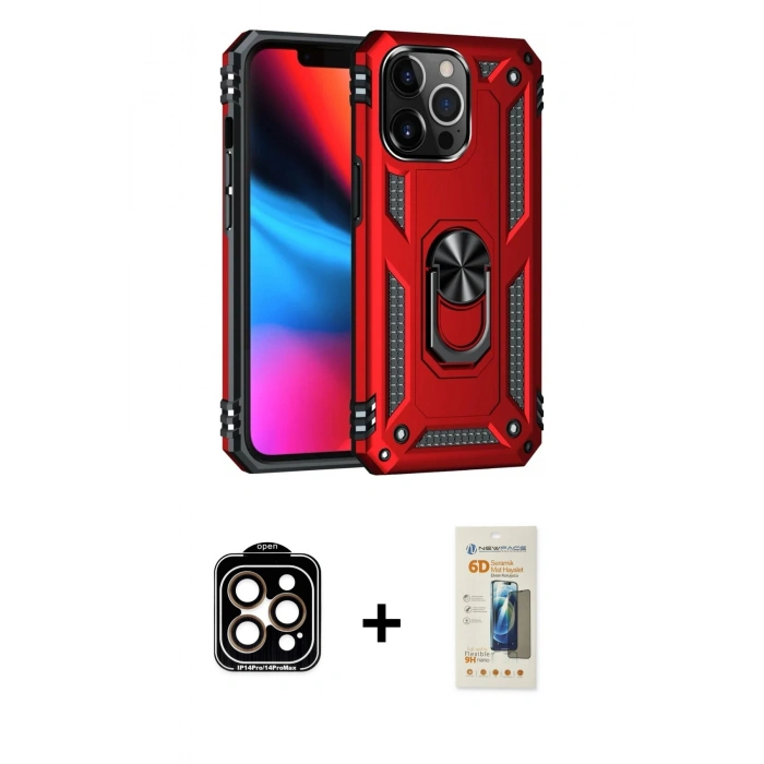 MARSİLYAN™- iPhone 14 Pro Max Kılıf Ahenk Klasik Koleksiyonu - Siyah 6D Mat Seramik Hayalet Nano Ekran Koruyucu + PVD Metal Kamera Lens - TU