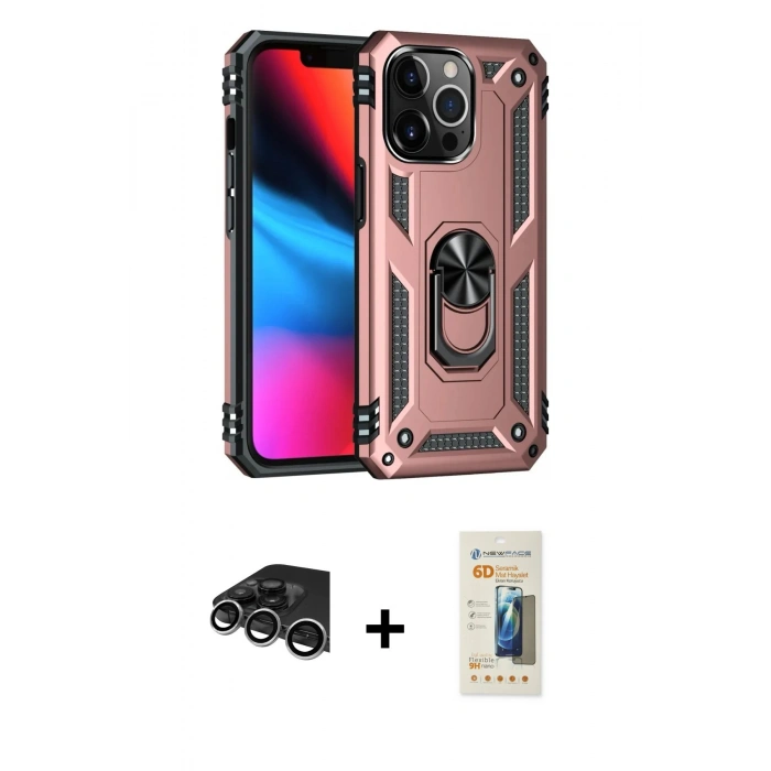 MARSİLYAN™- iPhone 14 Pro Max Kılıf Ahenk Klasik Koleksiyonu - Siyah 6D Mat Seramik Hayalet Nano Ekran Koruyucu + Gümüş Raze Metal Kamera Lens