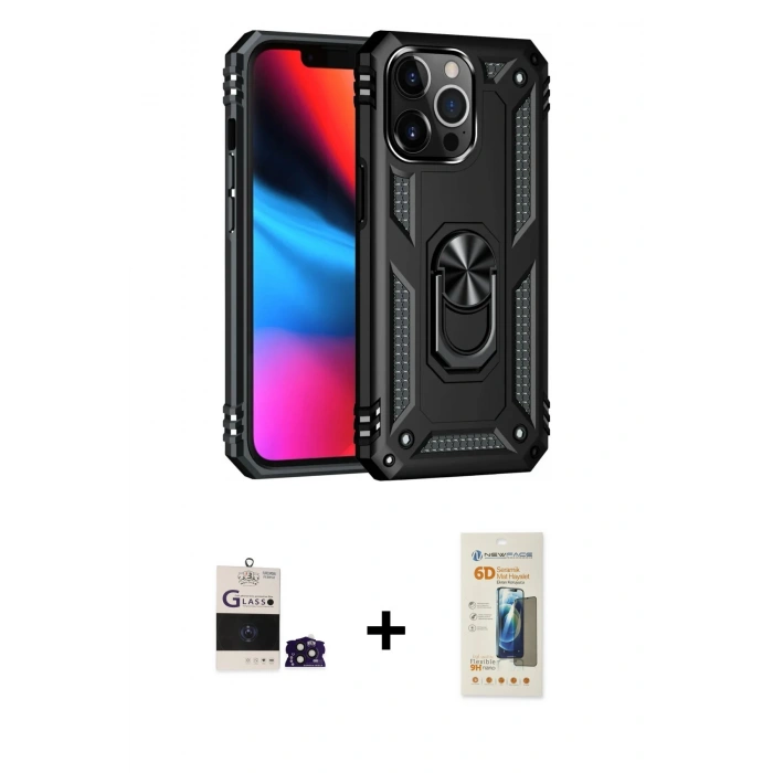 MARSİLYAN™- iPhone 14 Pro Max Kılıf Ahenk Klasik Koleksiyonu - Siyah 6D Mat Seramik Hayalet Nano Ekran Koruyucu + Bilvis Titan Kamera Lens - DNMR