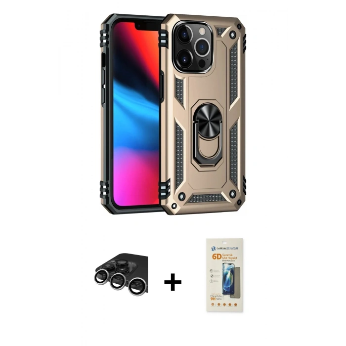 MARSİLYAN™- iPhone 14 Pro Max Kılıf Ahenk Klasik Koleksiyonu - Siyah 6D Mat Seramik Hayalet Nano Ekran Koruyucu + Gümüş Raze Metal Kamera Lens