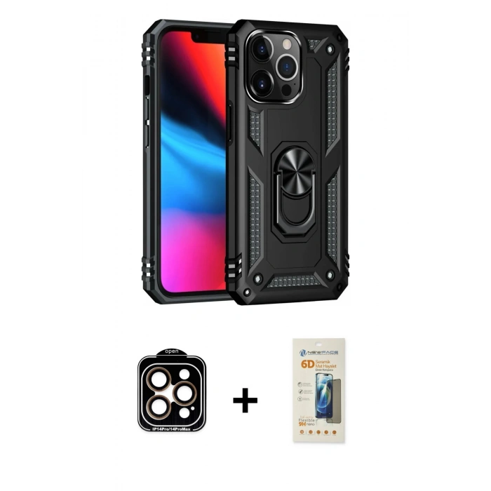 MARSİLYAN™- iPhone 14 Pro Max Kılıf Ahenk Klasik Koleksiyonu - Siyah 6D Mat Seramik Hayalet Nano Ekran Koruyucu + PVD Metal Kamera Lens - TU