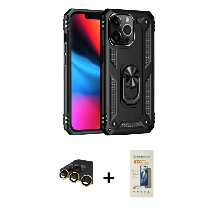 MARSİLYAN™- iPhone 14 Pro Max Kılıf Ahenk Klasik Koleksiyonu - Siyah 6D Mat Seramik Hayalet Nano Ekran Koruyucu + Raze Metal Kamera Lens - GD