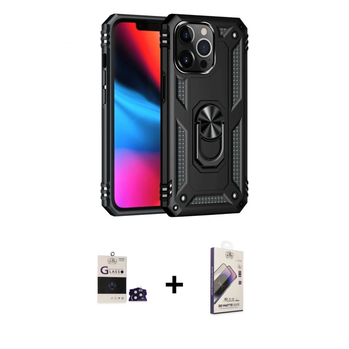 MARSİLYAN™- iPhone 14 Pro Max Kılıf Ahenk Klasik Koleksiyonu - Siyah Bilvis 3D Mat Cam Ekran Koruyucu + Bilvis Titan Kamera Lens - DNMR
