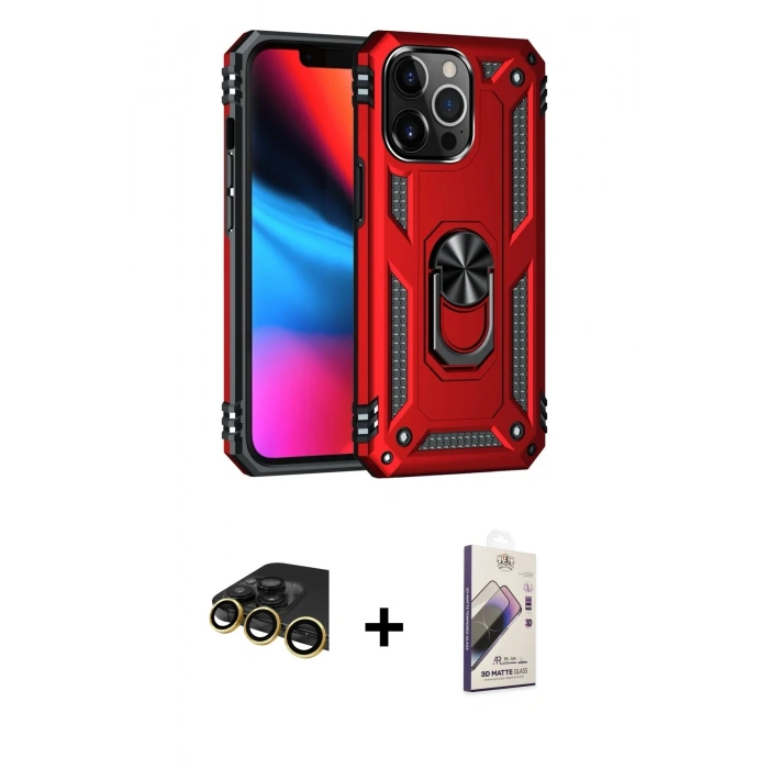 MARSİLYAN™- iPhone 14 Pro Max Kılıf Ahenk Klasik Koleksiyonu - Siyah Bilvis 3D Mat Cam Ekran Koruyucu + Raze Metal Kamera Lens - GD