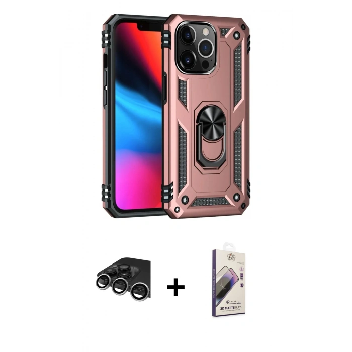 MARSİLYAN™- iPhone 14 Pro Max Kılıf Ahenk Klasik Koleksiyonu - Siyah Bilvis 3D Mat Cam Ekran Koruyucu + Gümüş Raze Metal Kamera Lens