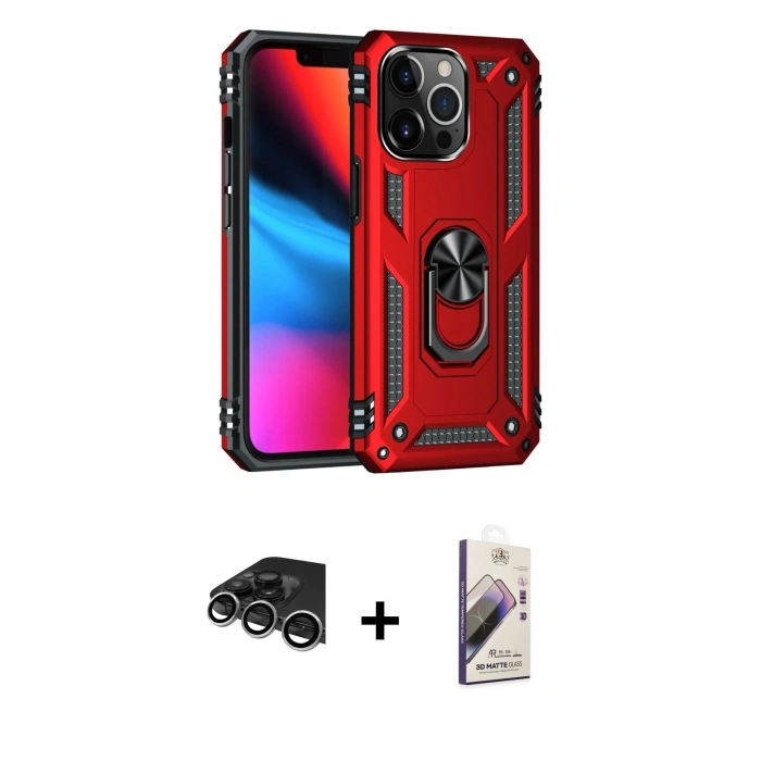 MARSİLYAN™- iPhone 14 Pro Max Kılıf Ahenk Klasik Koleksiyonu - Siyah Bilvis 3D Mat Cam Ekran Koruyucu + Gümüş Raze Metal Kamera Lens