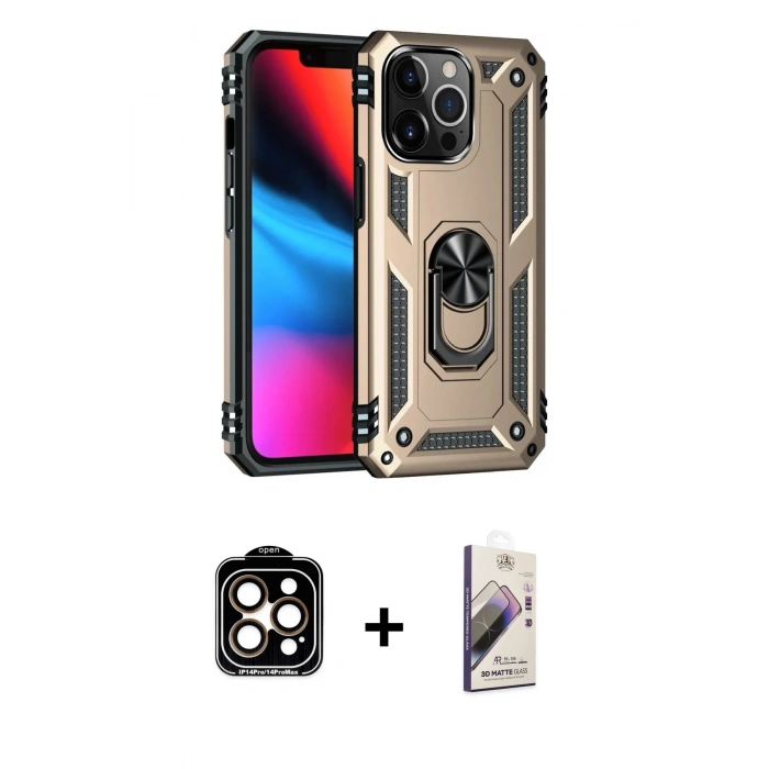 MARSİLYAN™- iPhone 14 Pro Max Kılıf Ahenk Klasik Koleksiyonu - Siyah Bilvis 3D Mat Cam Ekran Koruyucu + PVD Metal Kamera Lens - TU