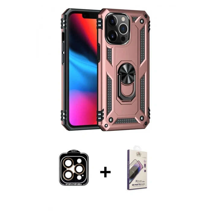 MARSİLYAN™- iPhone 14 Pro Max Kılıf Ahenk Klasik Koleksiyonu - Siyah Bilvis 3D Mat Cam Ekran Koruyucu + PVD Metal Kamera Lens - TU