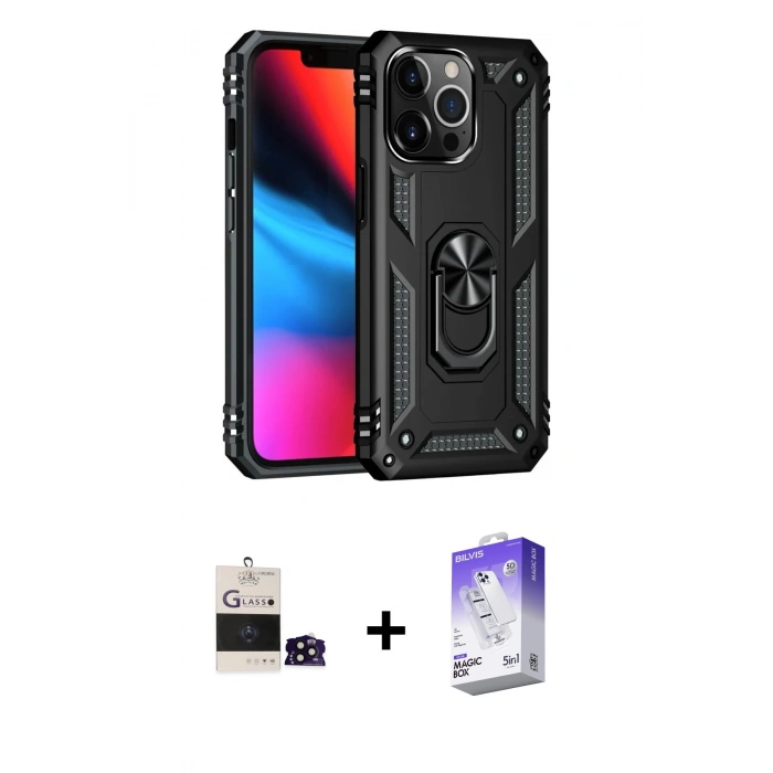 MARSİLYAN™- iPhone 14 Pro Max Kılıf Ahenk Klasik Koleksiyonu - Siyah Bilvis 5in1 3D Magic Cam Ekran Koruyucu + Bilvis Titan Kamera Lens - SH