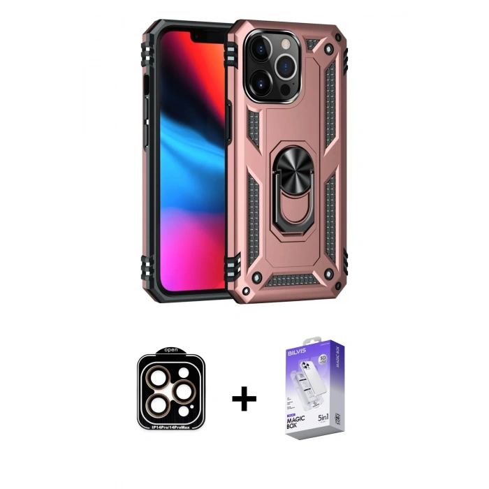 MARSİLYAN™- iPhone 14 Pro Max Kılıf Ahenk Klasik Koleksiyonu - Siyah Bilvis 5in1 3D Magic Cam Ekran Koruyucu + PVD Metal Kamera Lens - TU