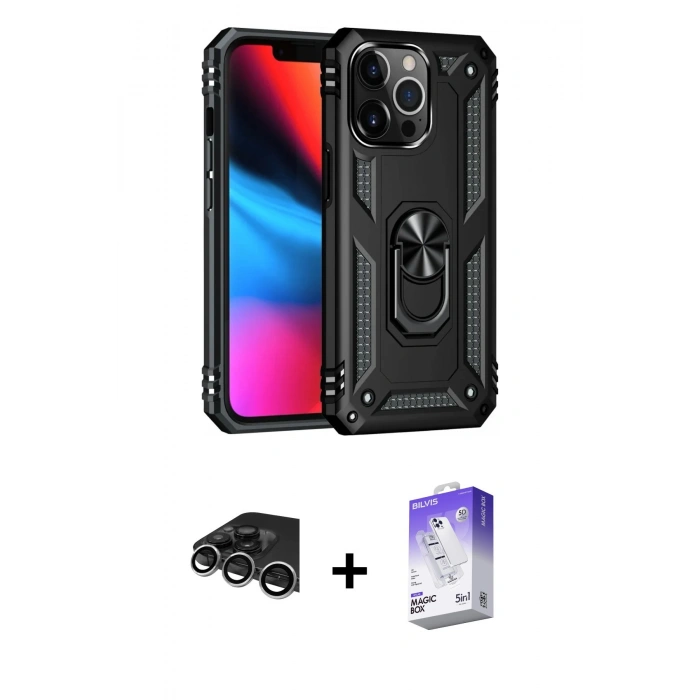 MARSİLYAN™- iPhone 14 Pro Max Kılıf Ahenk Klasik Koleksiyonu - Siyah Bilvis 5in1 3D Magic Cam Ekran Koruyucu + Raze Metal Kamera Lens - GS