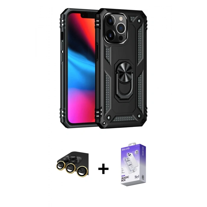MARSİLYAN™- iPhone 14 Pro Max Kılıf Ahenk Klasik Koleksiyonu - Siyah Bilvis 5in1 3D Magic Cam Ekran Koruyucu + Raze Metal Kamera Lens - GD