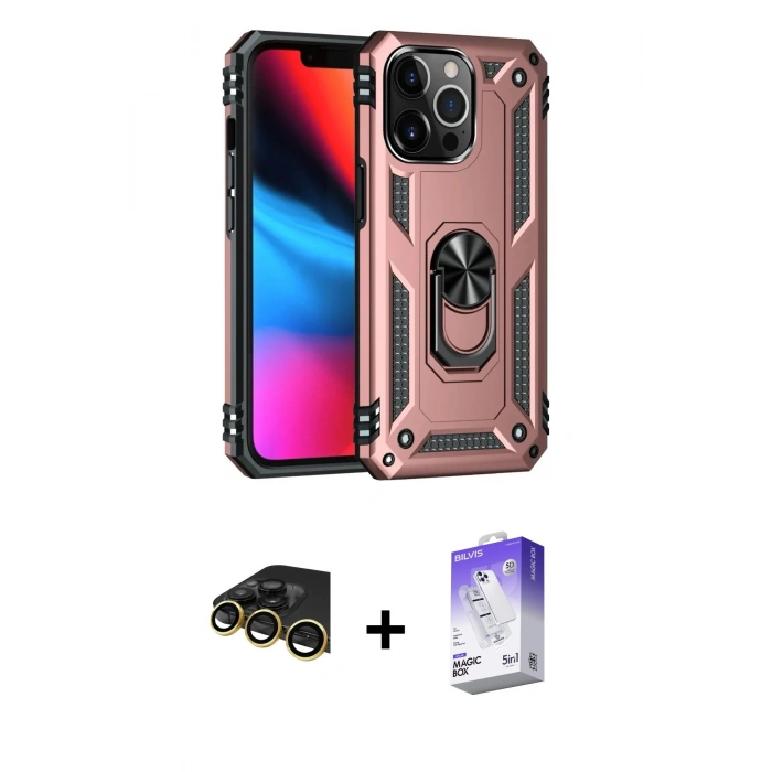 MARSİLYAN™- iPhone 14 Pro Max Kılıf Ahenk Klasik Koleksiyonu - Siyah Bilvis 5in1 3D Magic Cam Ekran Koruyucu + Raze Metal Kamera Lens - GD