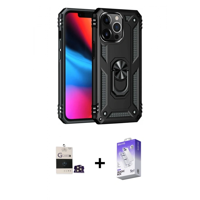 MARSİLYAN™- iPhone 14 Pro Max Kılıf Ahenk Klasik Koleksiyonu - Siyah Bilvis 5in1 3D Magic Cam Ekran Koruyucu + Bilvis Titan Kamera Lens - GD