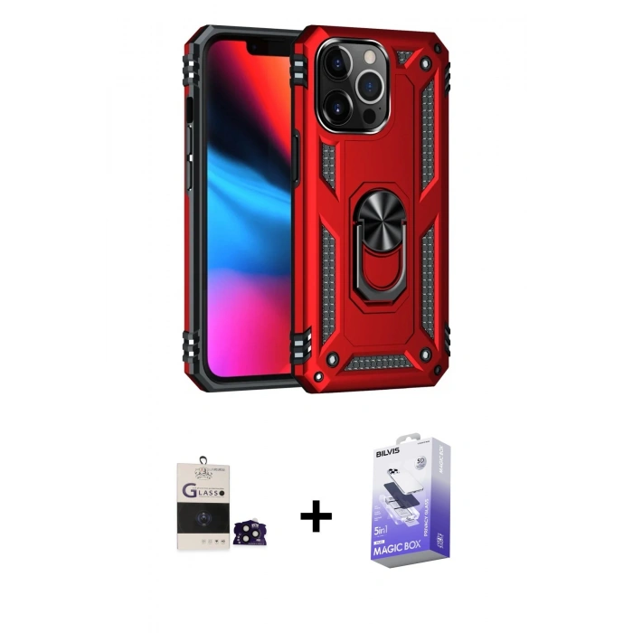MARSİLYAN™- iPhone 14 Pro Max Kılıf Ahenk Klasik Koleksiyonu - Siyah Bilvis 5in1 5D Magic Hayalet Cam Ekran Koruyucu + Bilvis Titan Kamera Lens - SH
