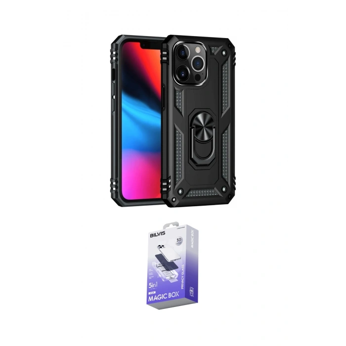 MARSİLYAN™- iPhone 14 Pro Max Kılıf Ahenk Klasik Koleksiyonu - Siyah Bilvis 5in1 5D Magic Hayalet Cam Ekran Koruyucu