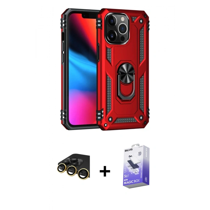 MARSİLYAN™- iPhone 14 Pro Max Kılıf Ahenk Klasik Koleksiyonu - Siyah Bilvis 5in1 5D Magic Hayalet Cam Ekran Koruyucu + Gold Raze Metal Kamera Lens