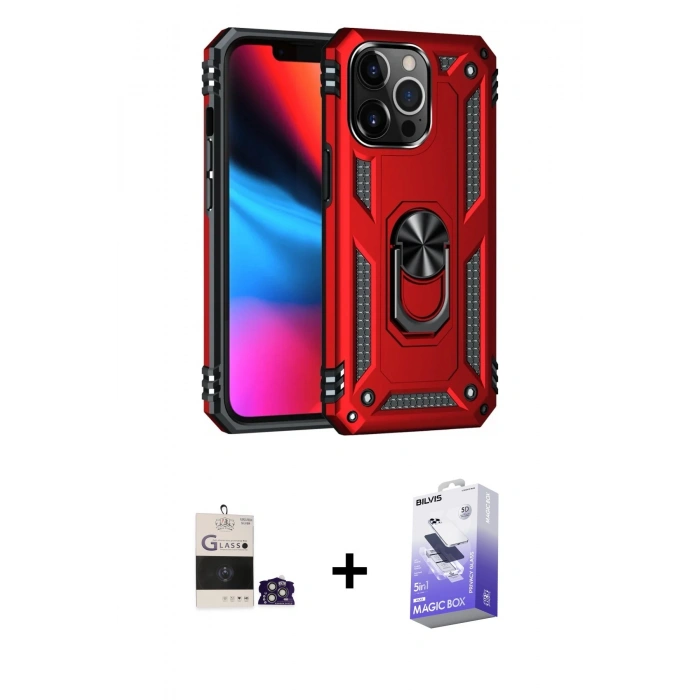 MARSİLYAN™- iPhone 14 Pro Max Kılıf Ahenk Klasik Koleksiyonu - Siyah Bilvis 5in1 5D Magic Hayalet Cam Ekran Koruyucu + Bilvis Titan Kamera Lens - GS
