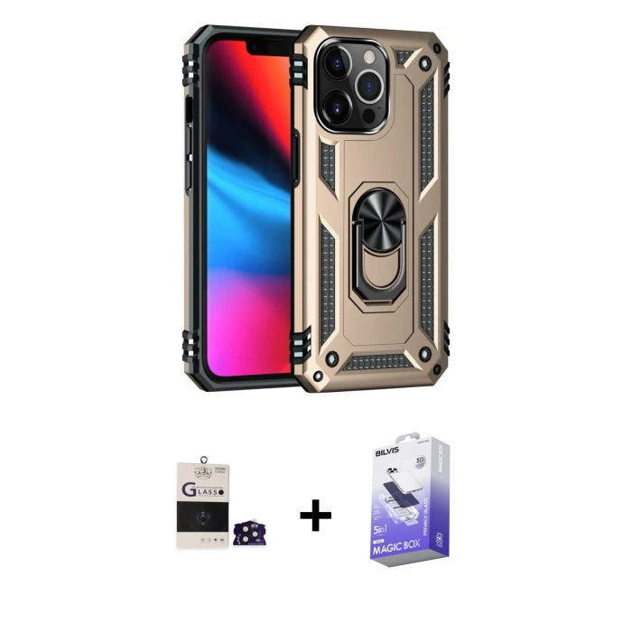MARSİLYAN™- iPhone 14 Pro Max Kılıf Ahenk Klasik Koleksiyonu - Siyah Bilvis 5in1 5D Magic Hayalet Cam Ekran Koruyucu + Bilvis Titan Kamera Lens - DNMR
