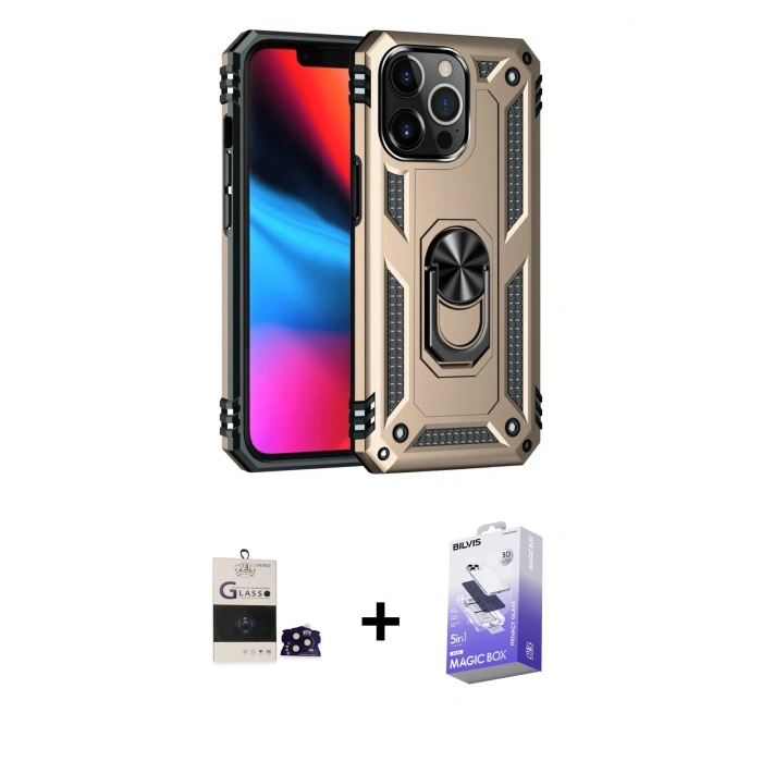 MARSİLYAN™- iPhone 14 Pro Max Kılıf Ahenk Klasik Koleksiyonu - Siyah Bilvis 5in1 5D Magic Hayalet Cam Ekran Koruyucu + Bilvis Titan Kamera Lens - SH