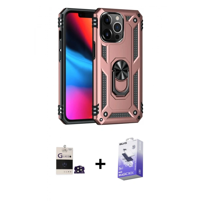 MARSİLYAN™- iPhone 14 Pro Max Kılıf Ahenk Klasik Koleksiyonu - Siyah Bilvis 5in1 5D Magic Hayalet Cam Ekran Koruyucu + Bilvis Titan Kamera Lens - DNMR