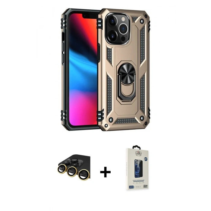 MARSİLYAN™- iPhone 14 Pro Max Kılıf Ahenk Klasik Koleksiyonu - Siyah Bilvis Hayalet Cam Ekran Koruyucu + Gold Raze Metal Kamera Lens