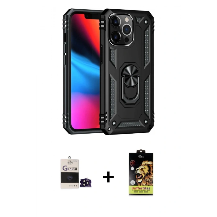 MARSİLYAN™- iPhone 14 Pro Max Kılıf Ahenk Klasik Koleksiyonu - Siyah Buffer Cam Ekran Koruyucu + Bilvis Titan Kamera Lens - SH