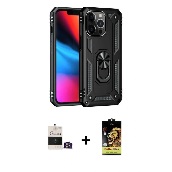 MARSİLYAN™- iPhone 14 Pro Max Kılıf Ahenk Klasik Koleksiyonu - Siyah Buffer Cam Ekran Koruyucu + Gold Bilvis Titan Kamera Lens