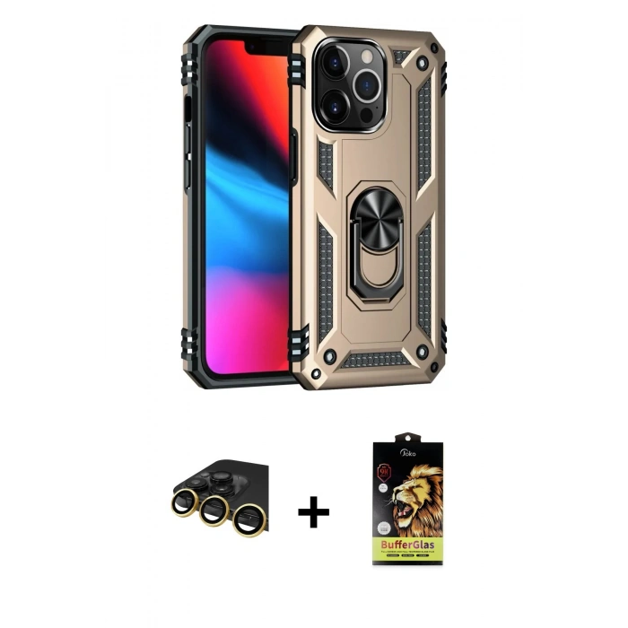 MARSİLYAN™- iPhone 14 Pro Max Kılıf Ahenk Klasik Koleksiyonu - Siyah Buffer Cam Ekran Koruyucu + Raze Metal Kamera Lens - GD