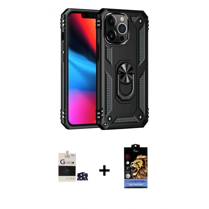 MARSİLYAN™- iPhone 14 Pro Max Kılıf Ahenk Klasik Koleksiyonu - Siyah Buffer Hayalet Cam Ekran Koruyucu + Bilvis Titan Kamera Lens - DNMR